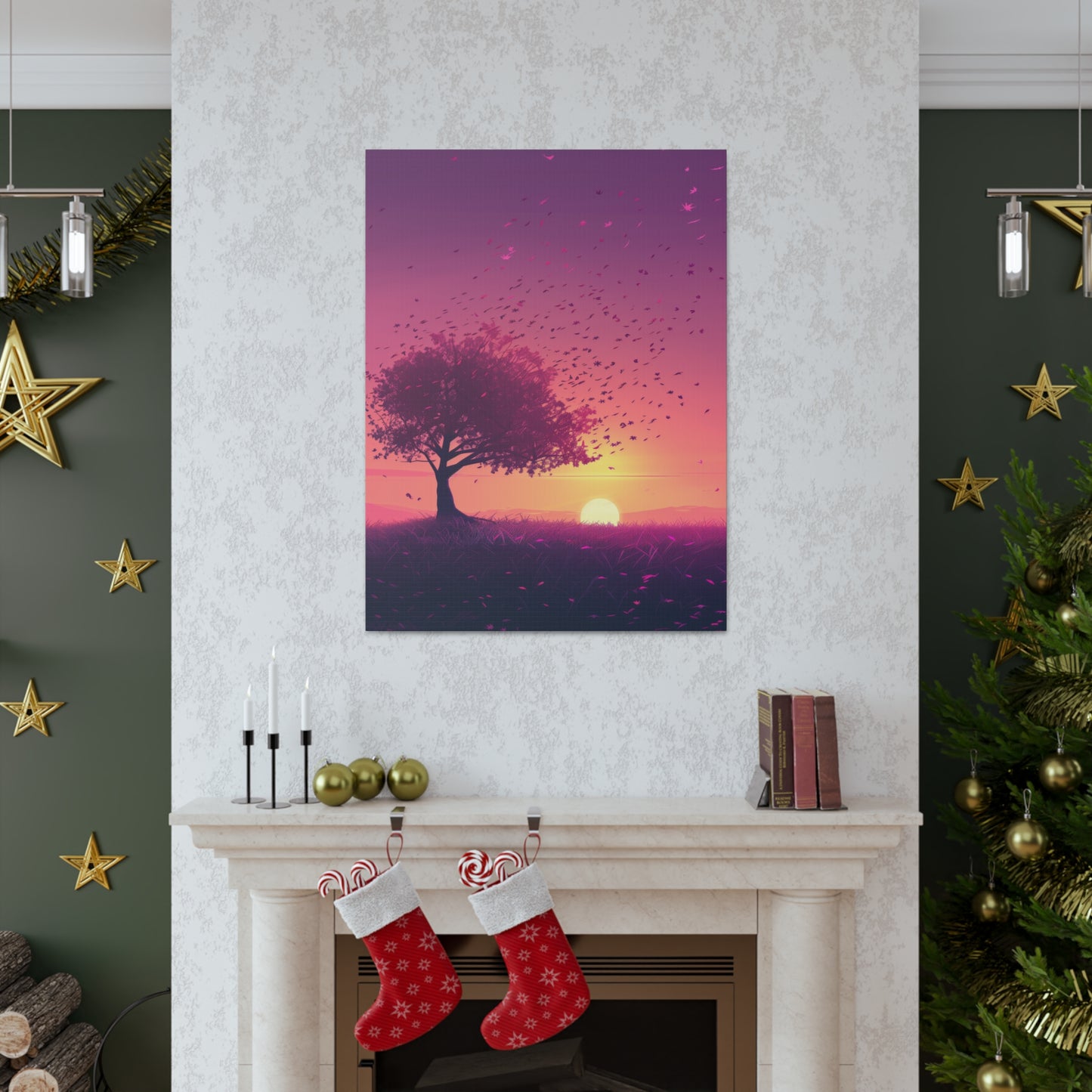 Tree in a Purple Sunset Digital Illustration Canvas Gallery Wraps