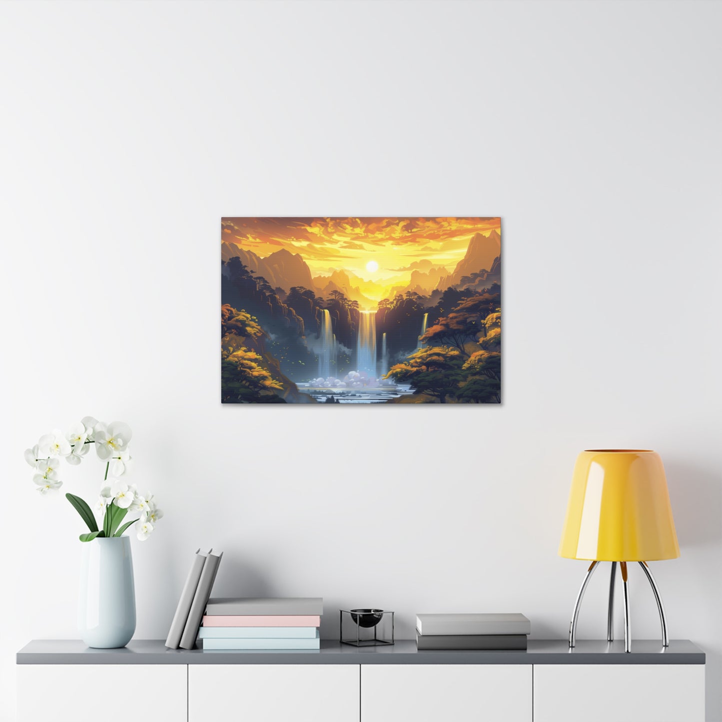 Dreamy Landscape - Waterfall and Mountains in Golden Morning Illustration Canvas Gallery Wraps