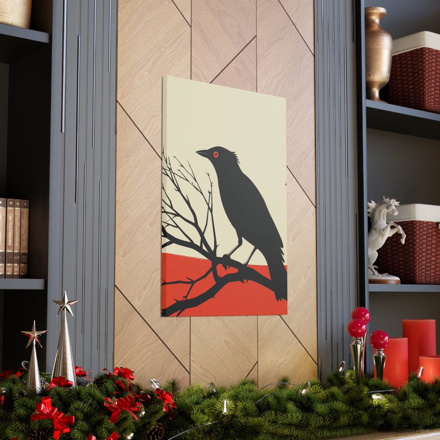 Black Bird Sitting on a Branch Digital Illustration Canvas Gallery Wraps