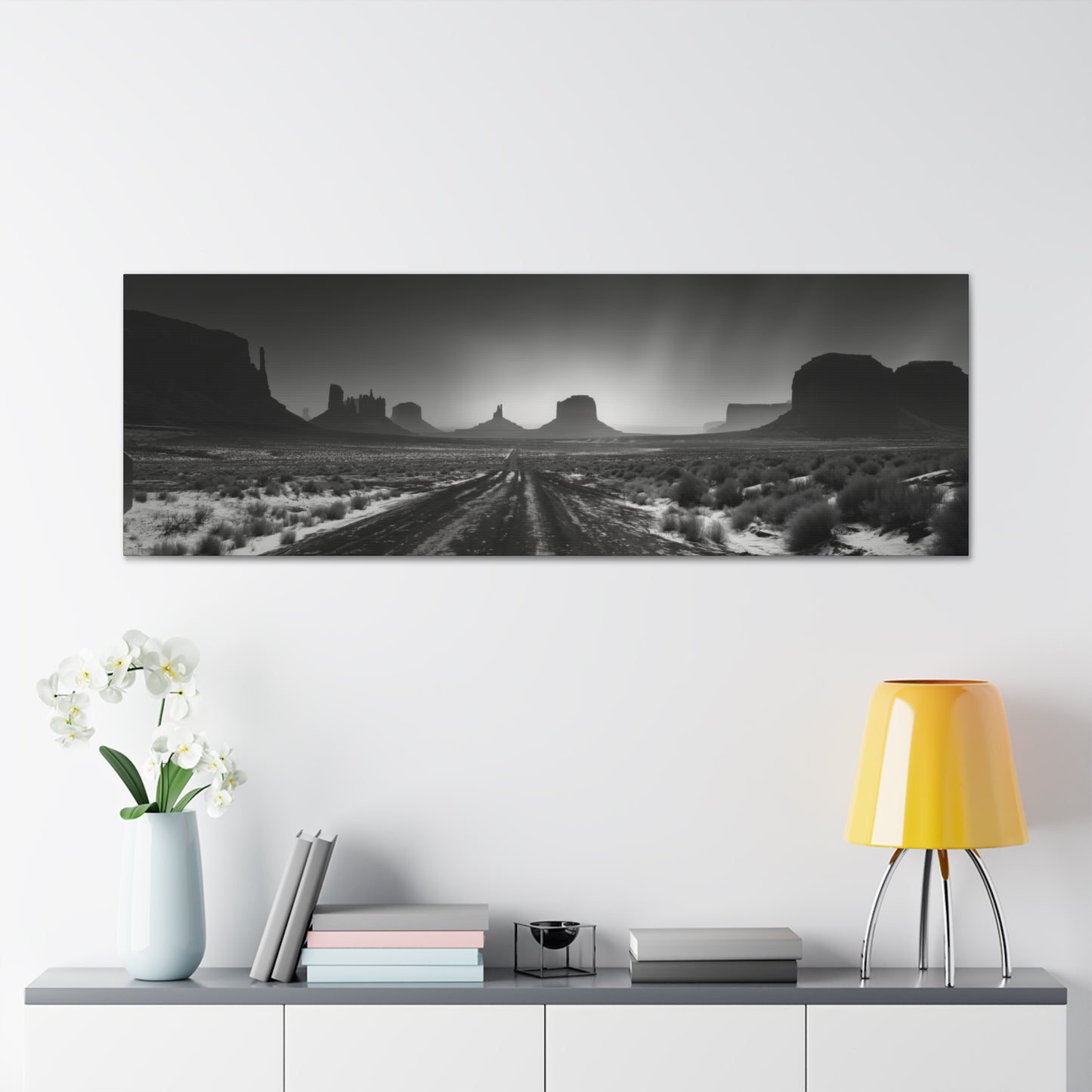 Highway Through the Wild West Desert of Arizona - Black and White Landscape Panorama Canvas Gallery Wraps