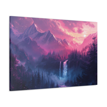 Dreamy Landscape Sunset with Waterfall and Mountains - Digital Illustration Canvas Gallery Wraps