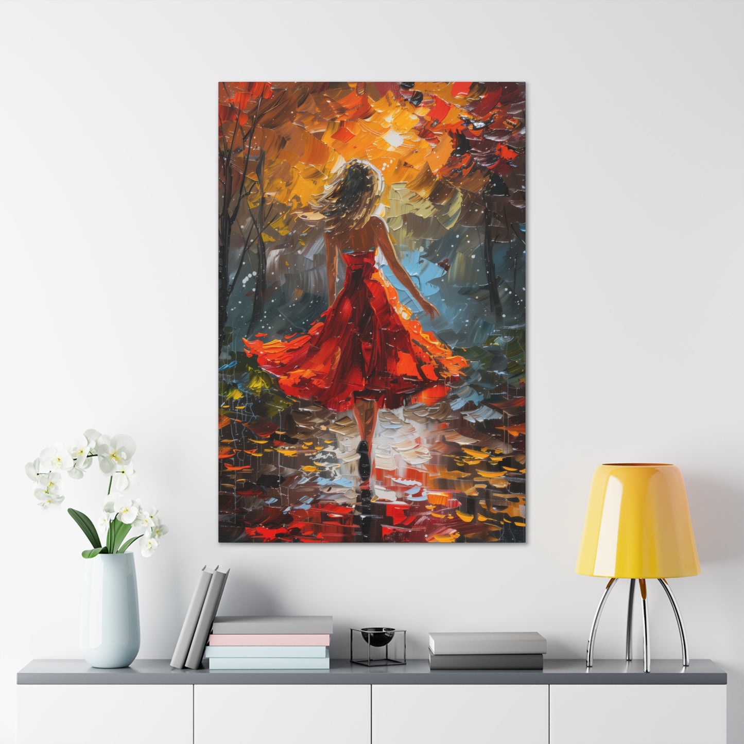 a girl in red dress walking through forest - Leonid Afremov Style Digital Print Canvas Gallery Wraps