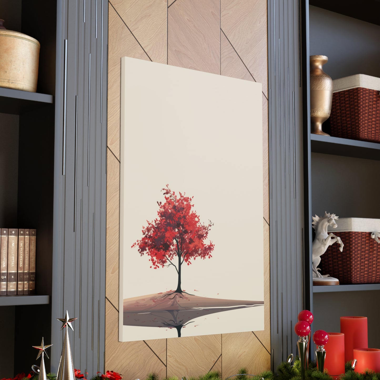 Lone Tree with Red Leaves - Portrait Illustration Canvas Gallery Wraps