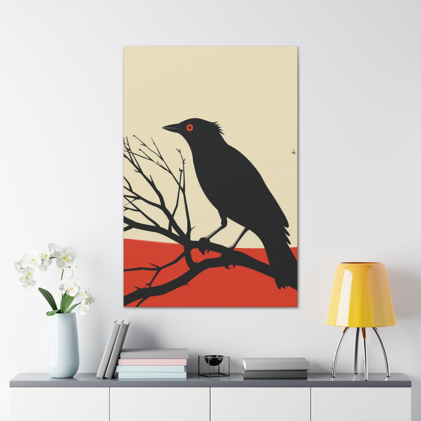 Black Bird Sitting on a Branch Digital Illustration Canvas Gallery Wraps