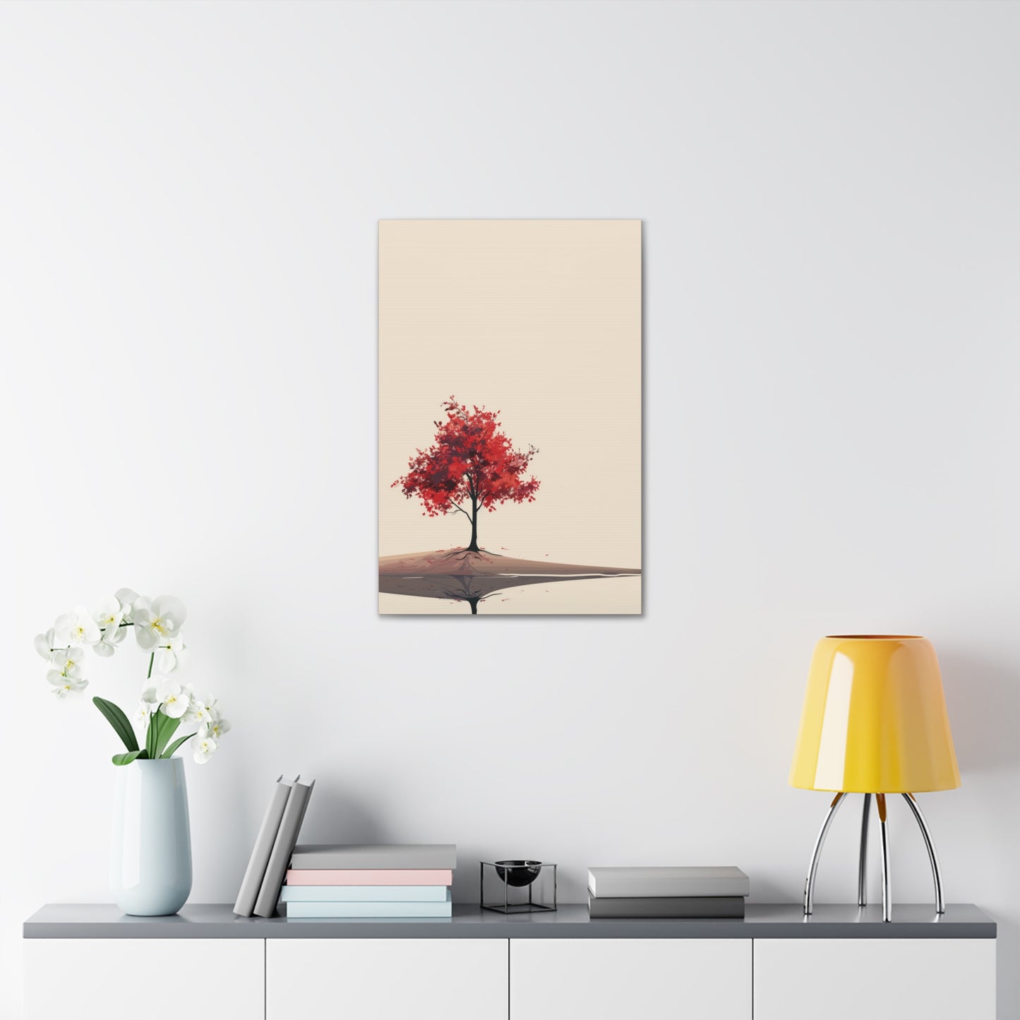 Lone Tree with Red Leaves - Portrait Illustration Canvas Gallery Wraps