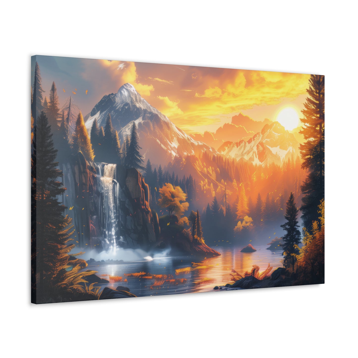 Dreamy Landscape Sunset with Waterfall and Mountains - Digital Illustration Canvas Gallery Wraps