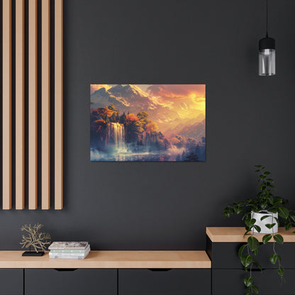 Dreamy Landscape Sunset with Waterfall and Mountains - Digital Illustration Canvas Gallery Wraps