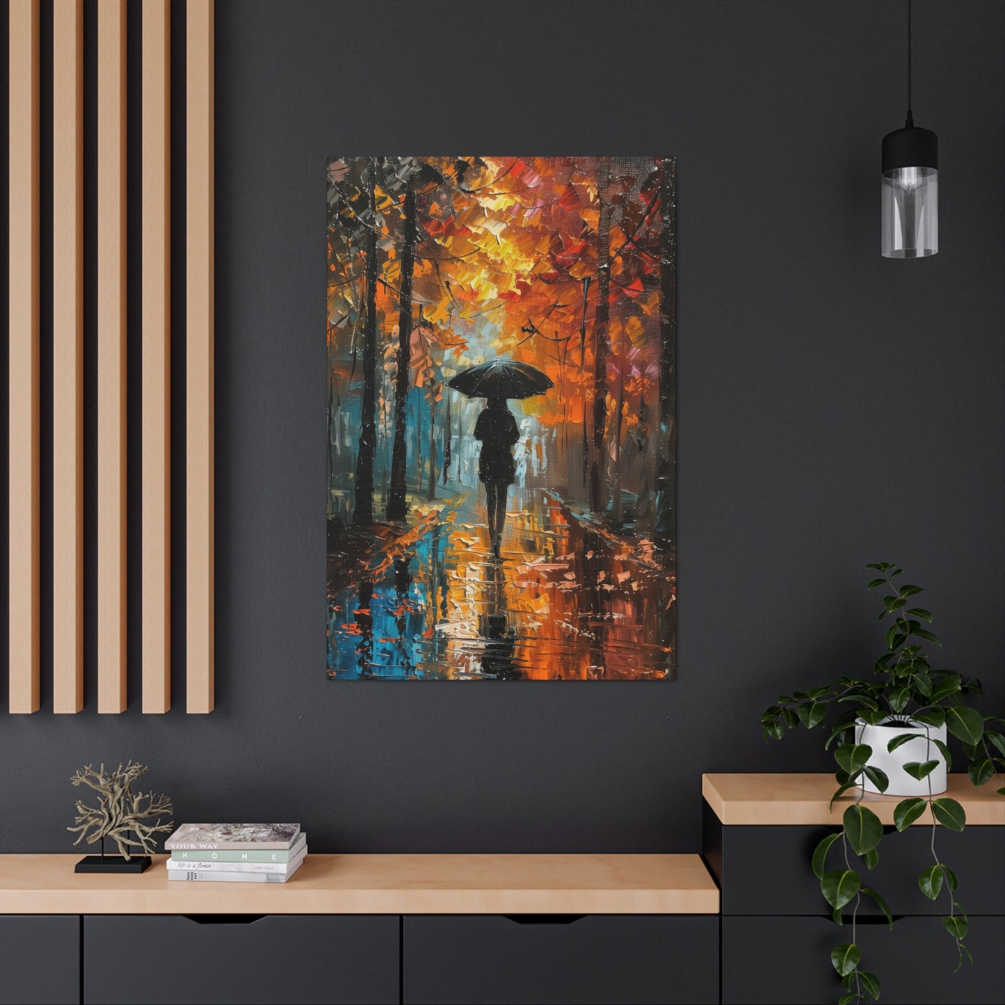 girl with an umbrella walking through forest road - Leonid Afremov Style Digital Print Canvas Gallery Wraps