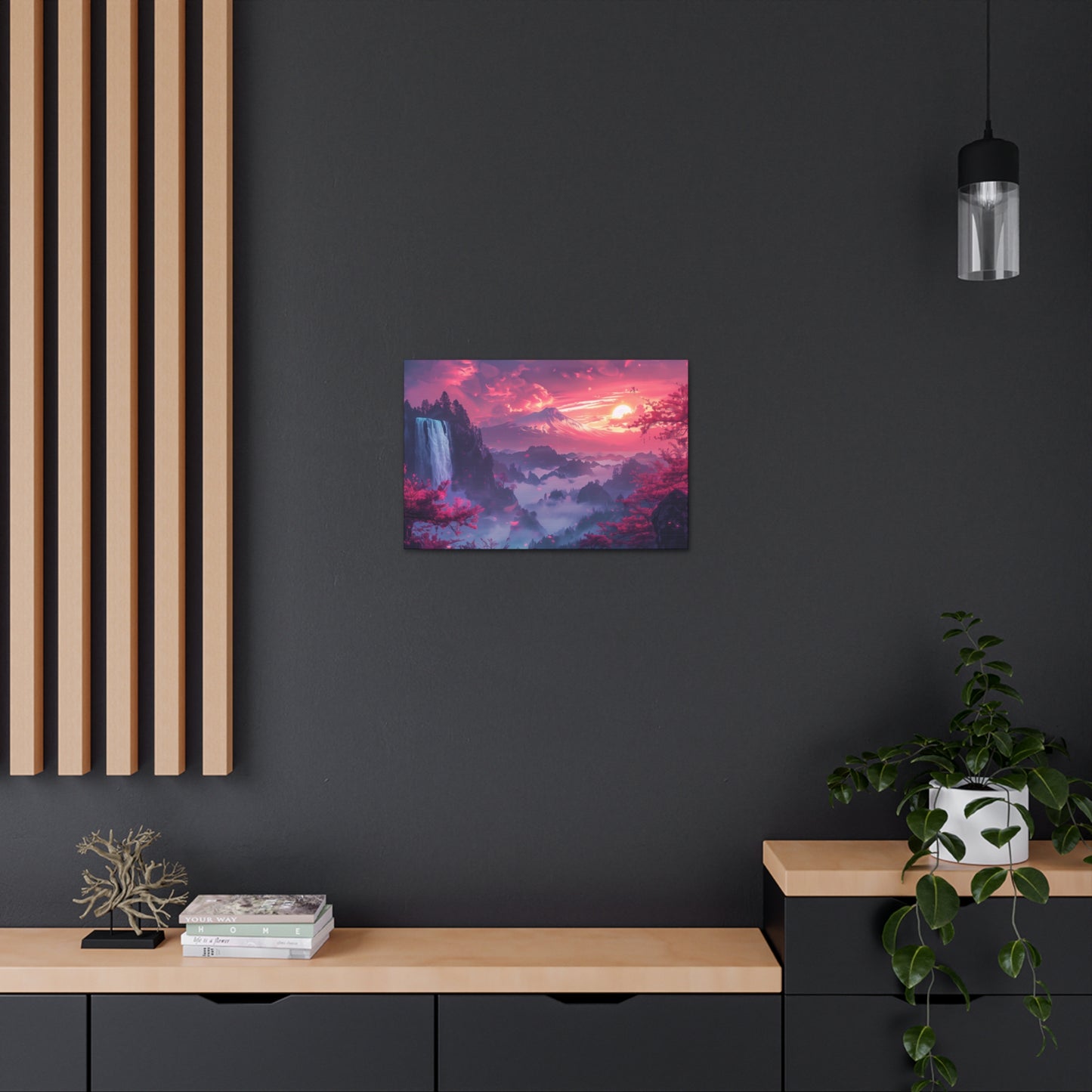 Dreamy Landscape Sunset with Waterfall and Mountains - Digital Illustration Canvas Gallery Wraps