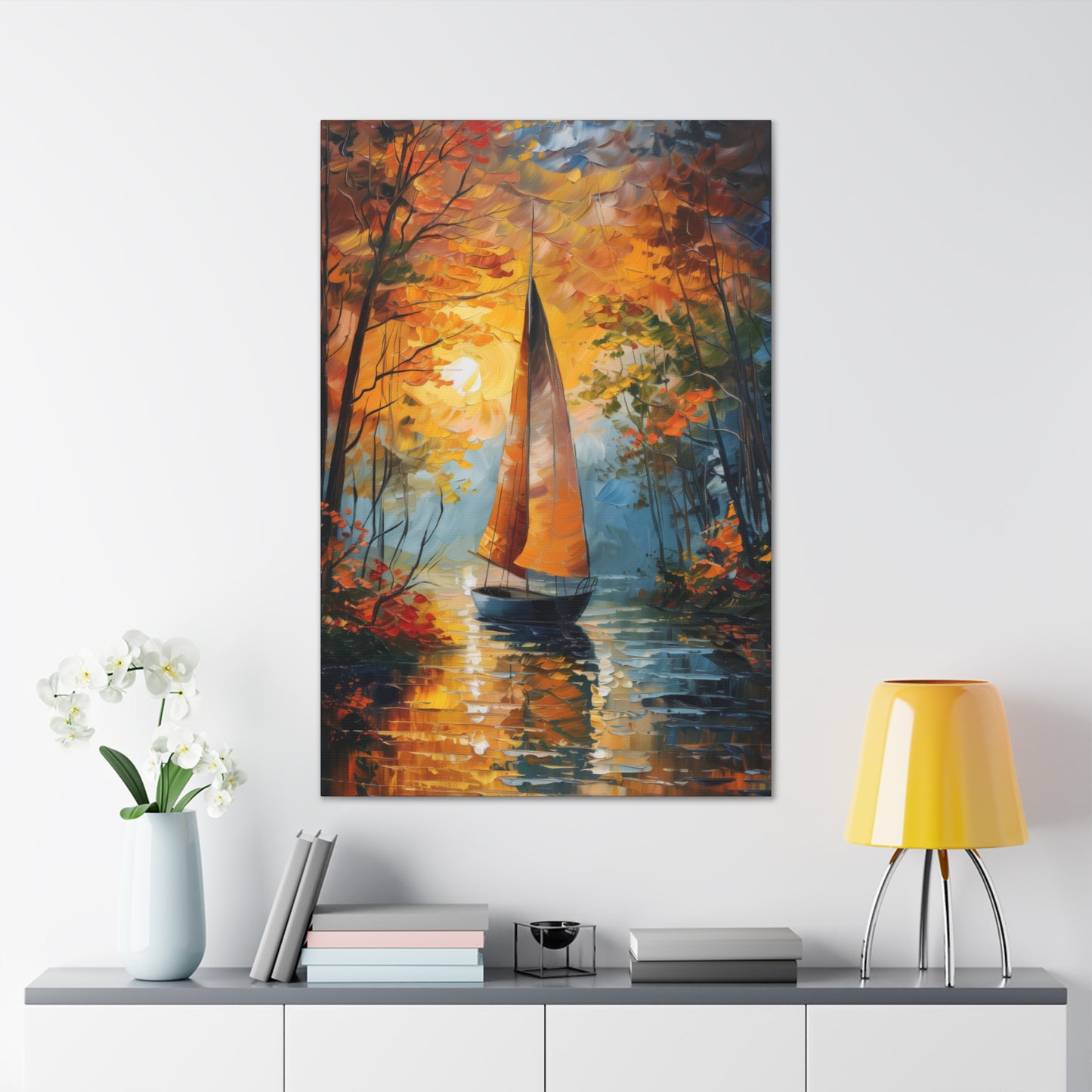 A Boat Sailing Through the Wild River - Leonid Afremov Style Digital Oil Painting Canvas Gallery Wraps