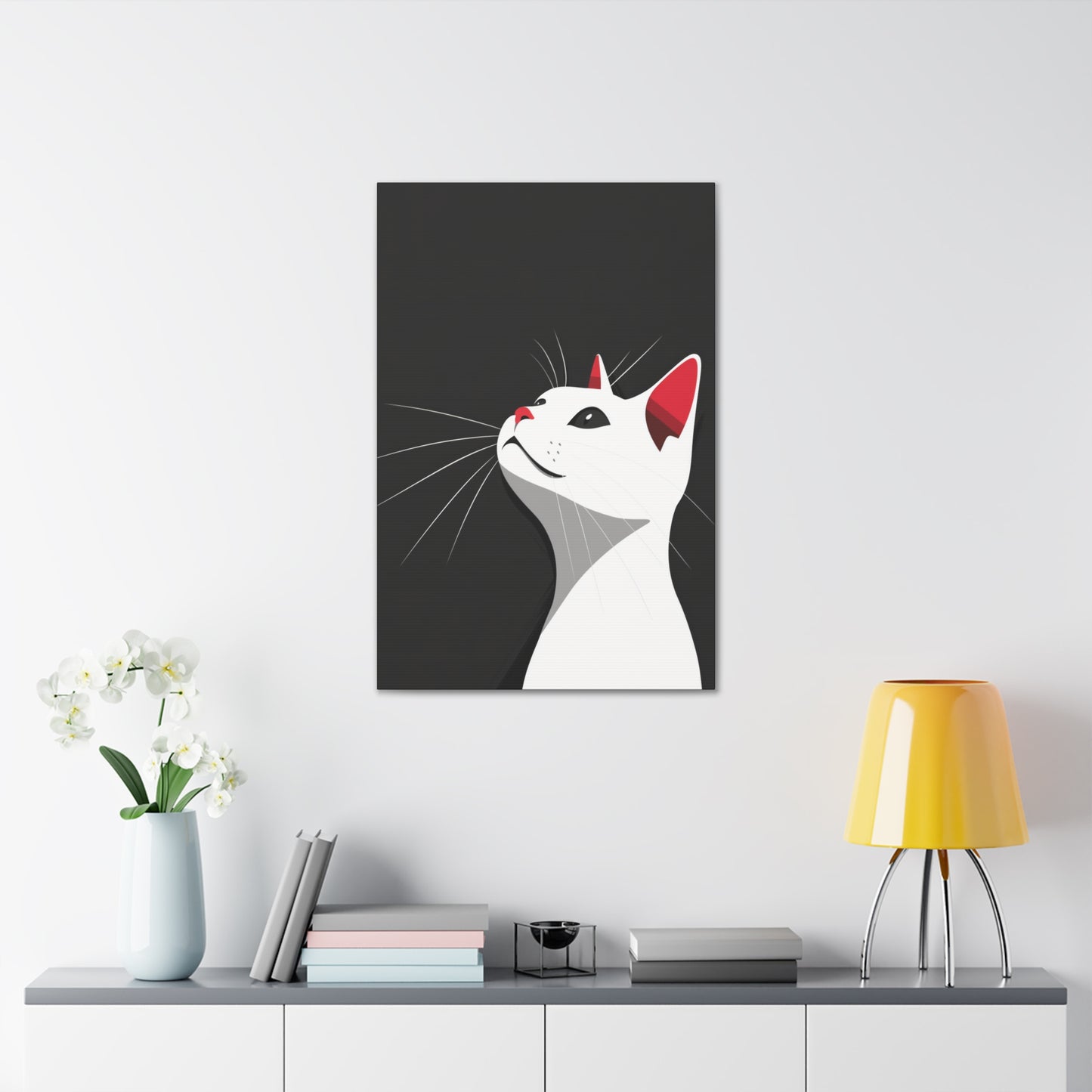 White Cat in Black Background Digital Illustration Canvas Gallery Wraps