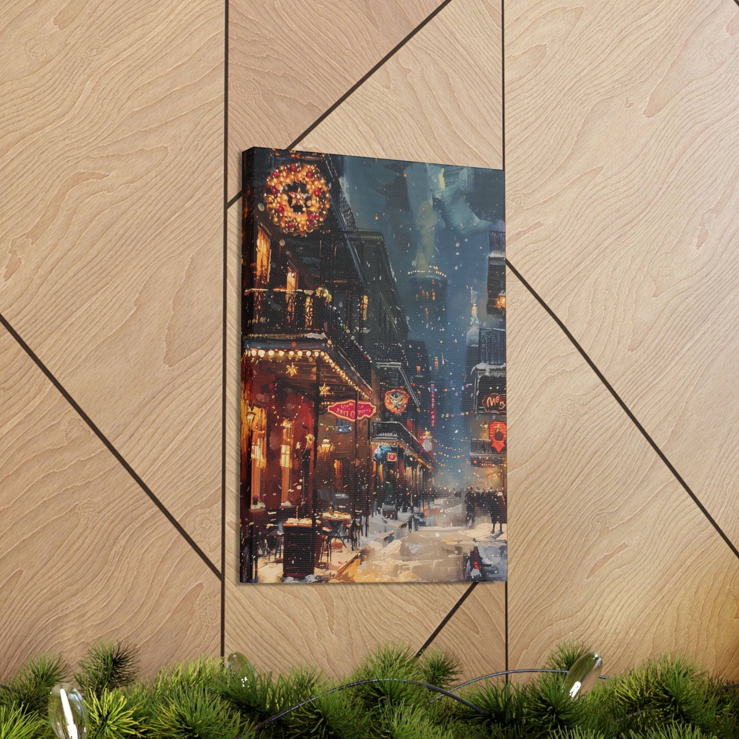 Christmas Time Downtown Street Corner - Rembrandt Style Digital Oil Painting Canvas Gallery Wraps