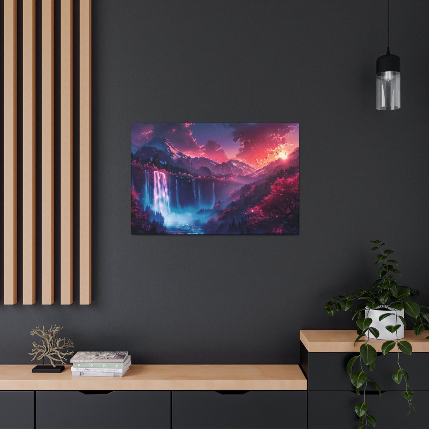 Dreamy Landscape Sunset with Waterfall and Mountains - Digital Illustration Canvas Gallery Wraps