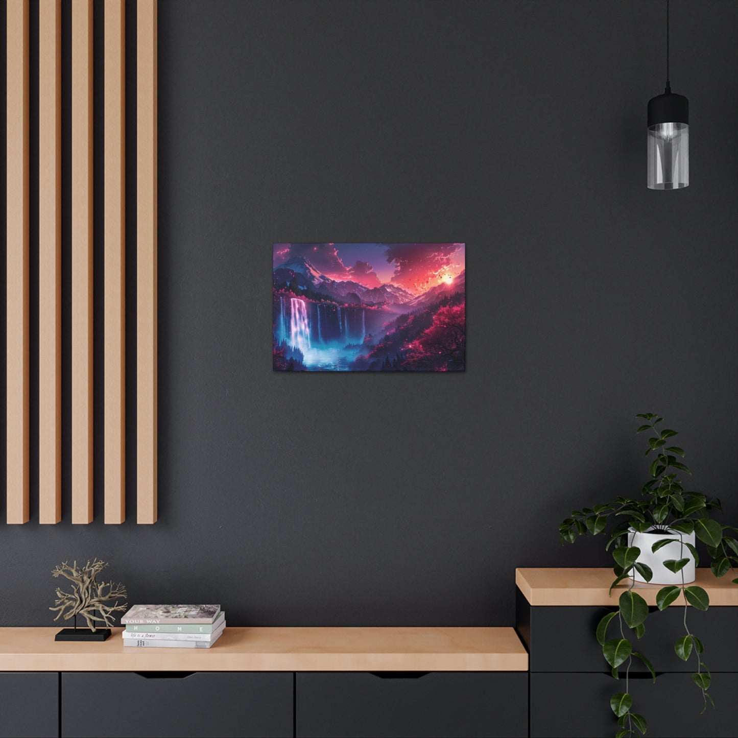 Dreamy Landscape Sunset with Waterfall and Mountains - Digital Illustration Canvas Gallery Wraps