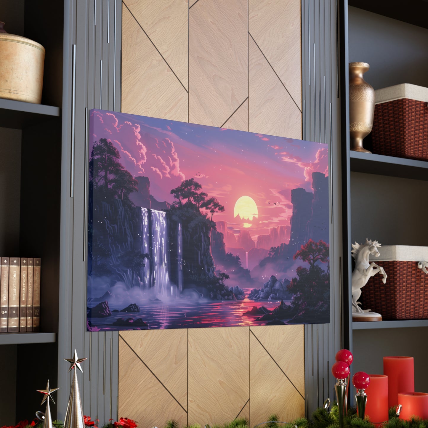 Dreamy Landscape with Waterfall and Mountains - Purple Evening Digital Illustration Canvas Gallery Wraps