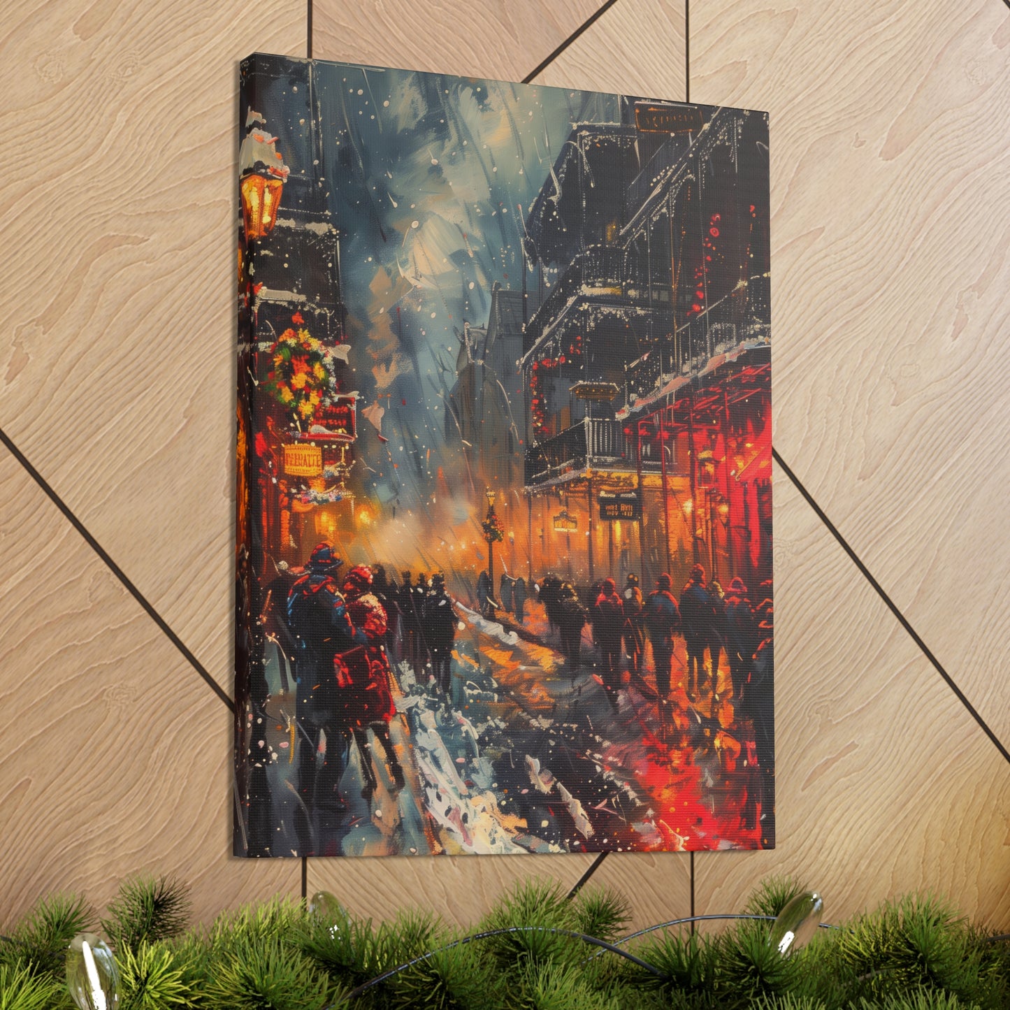 Christmas Street Corner with People in Downtown - Rembrandt Style Digital Oil Painting Canvas Gallery Wraps