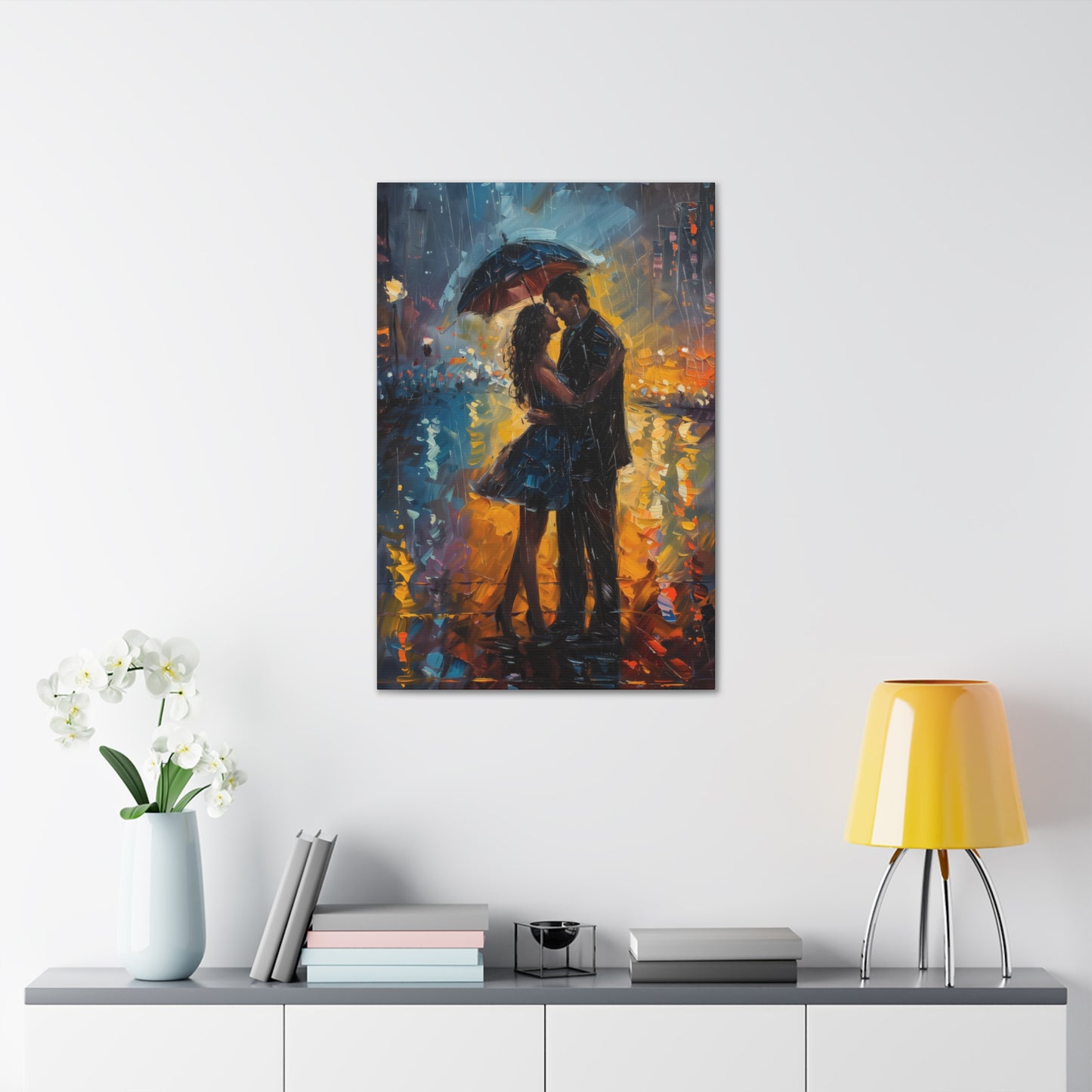 couple in the city streets in a rainy day with umbrella - Leonid Afremov Style Digital Print Canvas Gallery Wraps