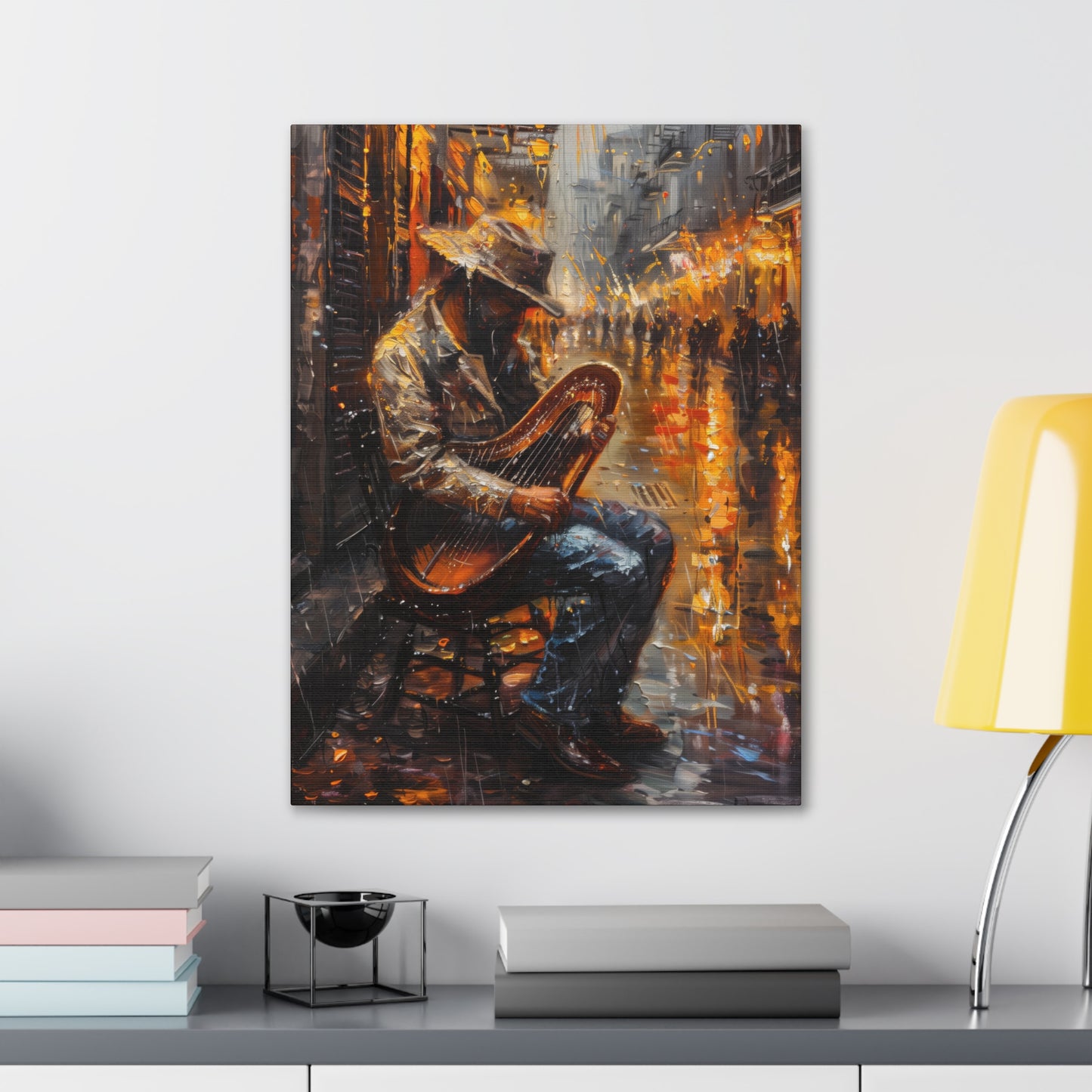 Street Harpist - Rembrandt Style Digital Oil Painting Canvas Gallery Wraps