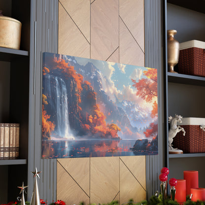 Dreamy Landscape Sunset with Waterfall and Mountains - Digital Illustration Canvas Gallery Wraps