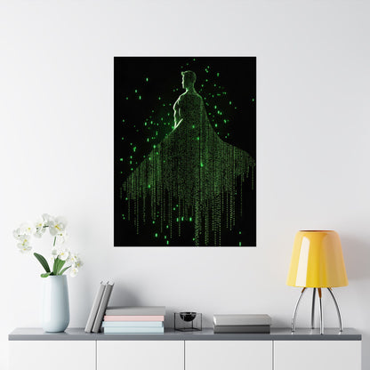 Neon Code Guardian: 3D Glitch Superman Matrix Effect - Digital Illustration Matte Vertical Poster