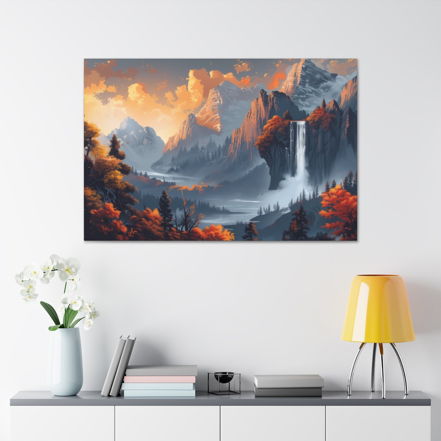 Dreamy Landscape Morning with Waterfall and Mountains - Digital Illustration Canvas Gallery Wraps