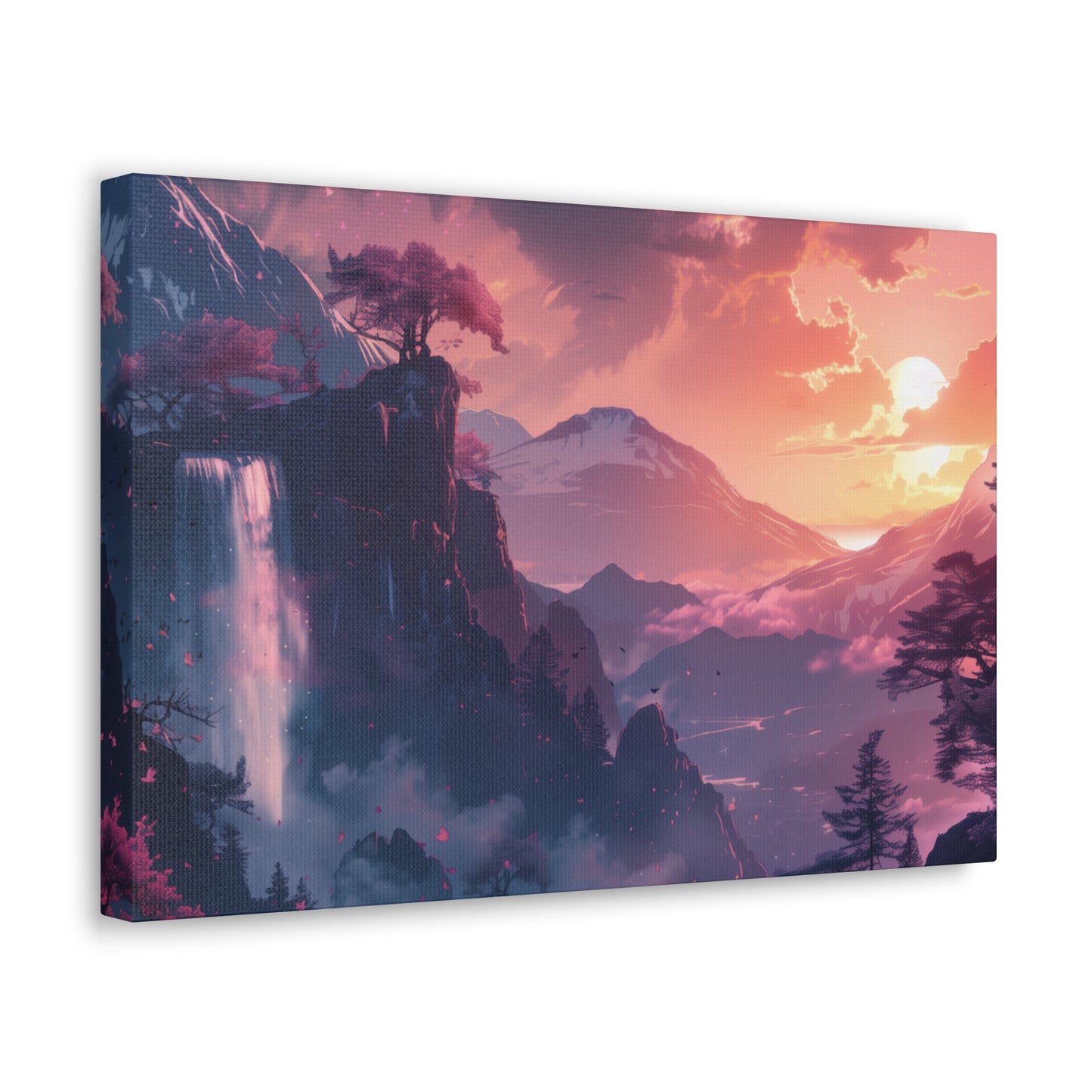 Dreamy Landscape with Waterfall and Mountains - Purple Evening Digital Illustration Canvas Gallery Wraps