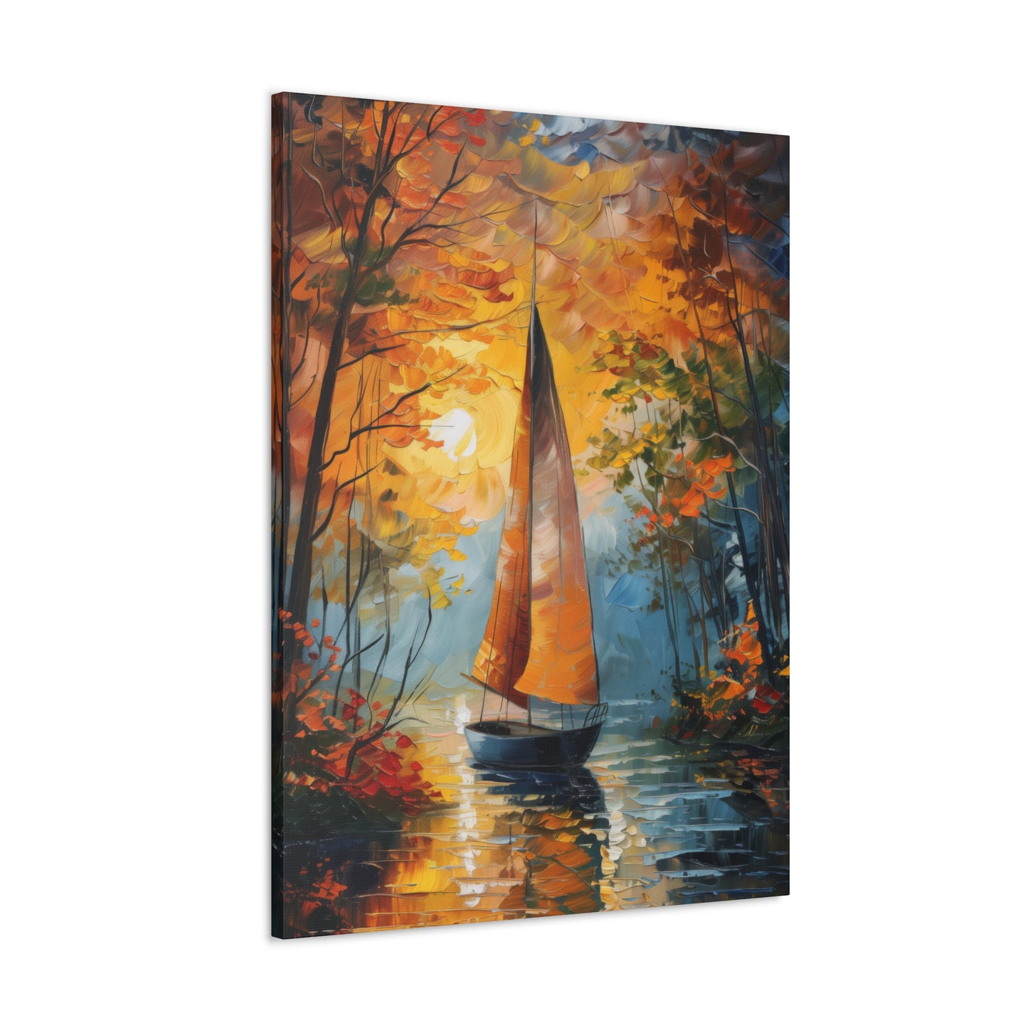 A Boat Sailing Through the Wild River - Leonid Afremov Style Digital Oil Painting Canvas Gallery Wraps