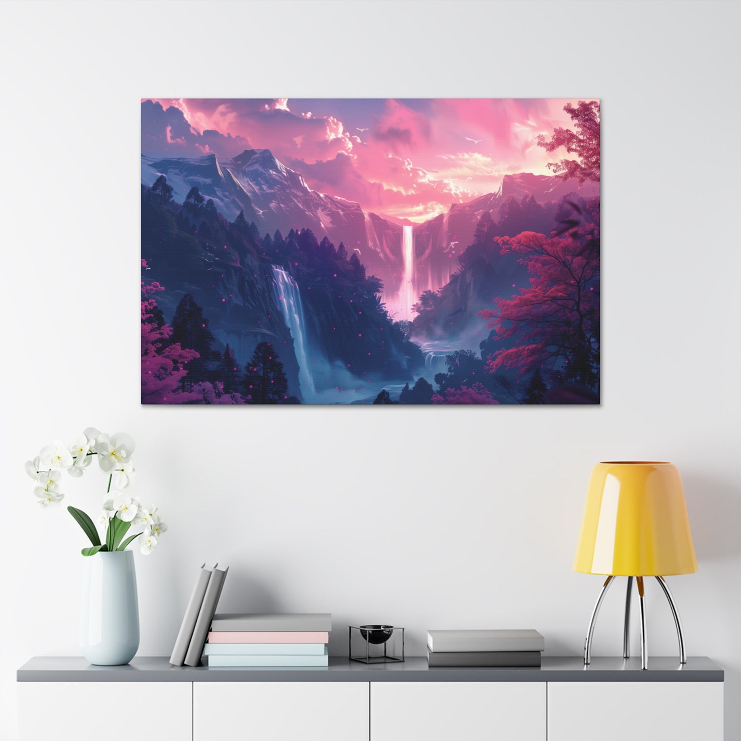 Dreamy Landscape with Waterfall and Mountains - Purple Evening Digital Illustration Canvas Gallery Wraps