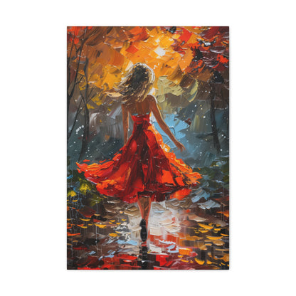 a girl in red dress walking through forest - Leonid Afremov Style Digital Print Canvas Gallery Wraps