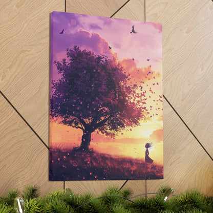 Tree in a Purple Sunset Digital Illustration Canvas Gallery Wraps