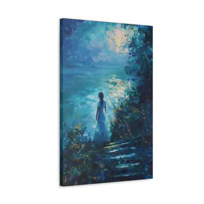 Woman looking at sea night time Digital Oil Painting Print Canvas Gallery Wraps