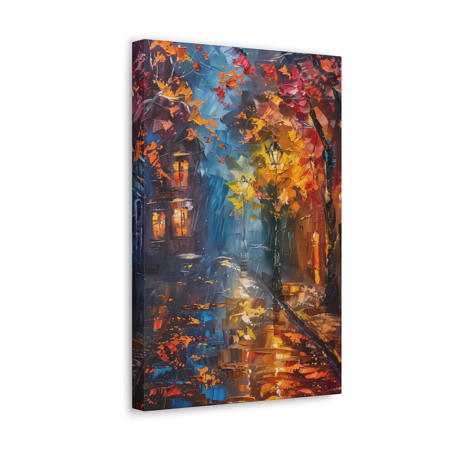 Nighttime Street in Autumn - Leonid Afremov Style Digital Oil Painting Canvas Gallery Wraps