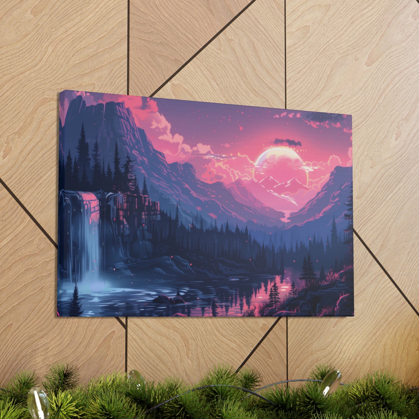 Dreamy Landscape Sunset with Waterfall and Mountains -  Digital Illustration Canvas Gallery Wraps