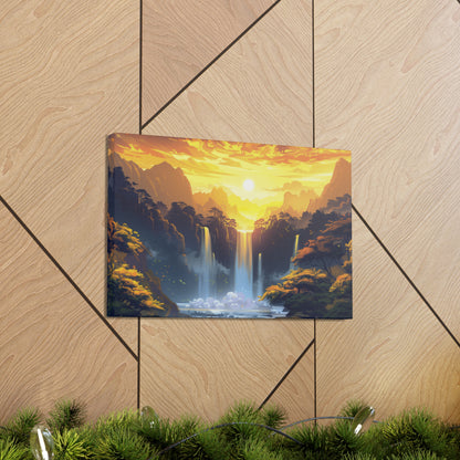 Dreamy Landscape - Waterfall and Mountains in Golden Morning Illustration Canvas Gallery Wraps