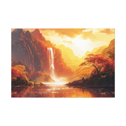 Dreamy Landscape Sunset with Waterfall and Mountains - Digital Illustration Canvas Gallery Wraps