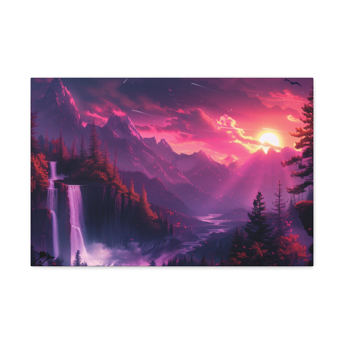 Dreamy Landscape with Waterfall and Mountains - Purple Evening Digital Illustration Canvas Gallery Wraps