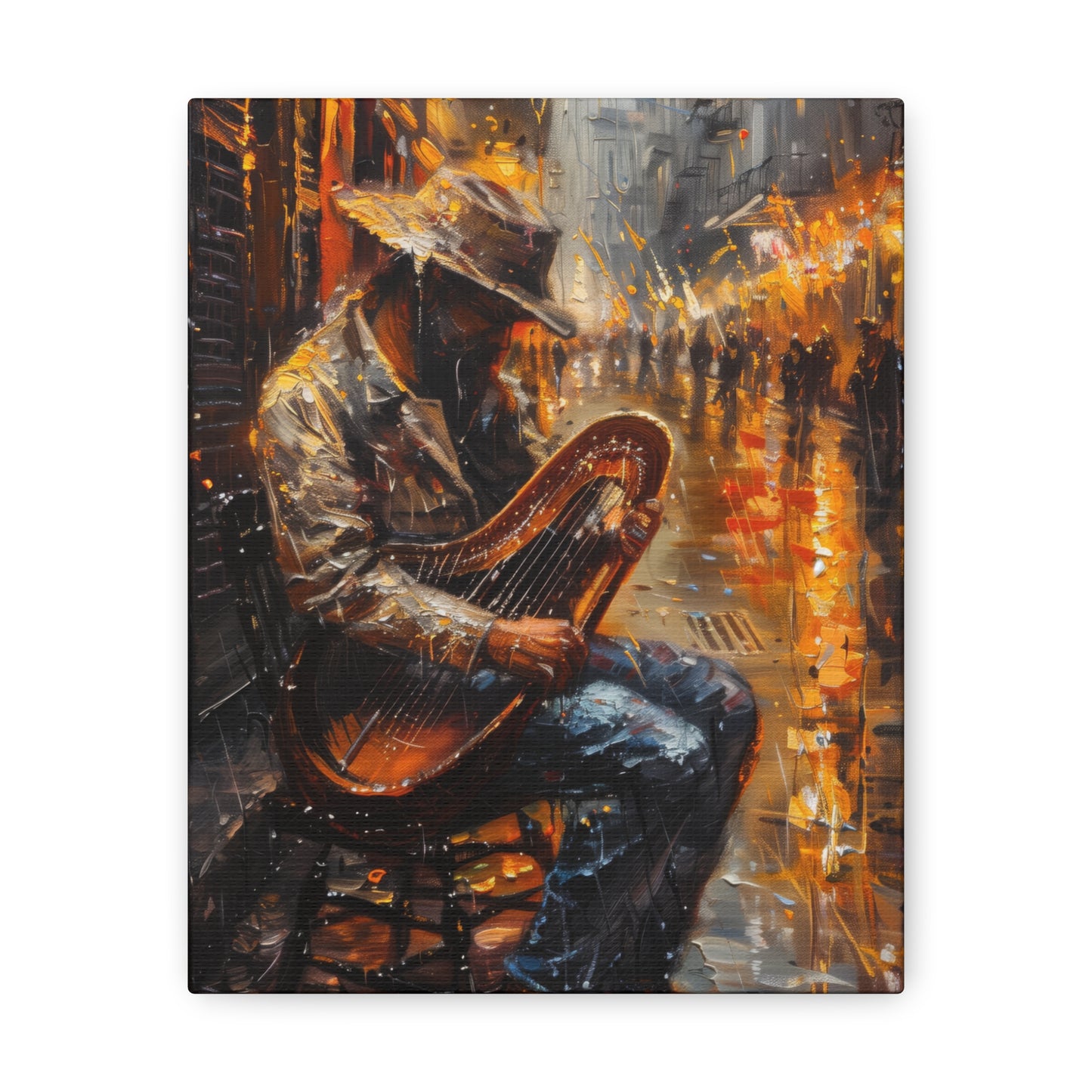 Street Harpist - Rembrandt Style Digital Oil Painting Canvas Gallery Wraps