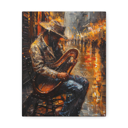 Street Harpist - Rembrandt Style Digital Oil Painting Canvas Gallery Wraps