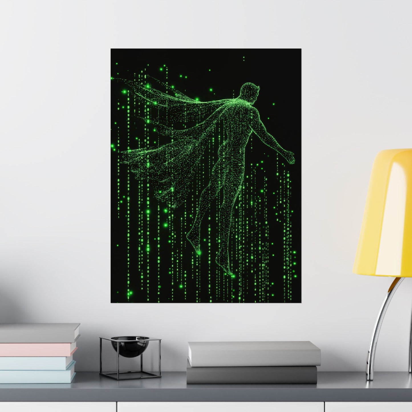 Neon Code Guardian: 3D Glitch Superman Matrix Effect - Digital Illustration Matte Vertical Poster