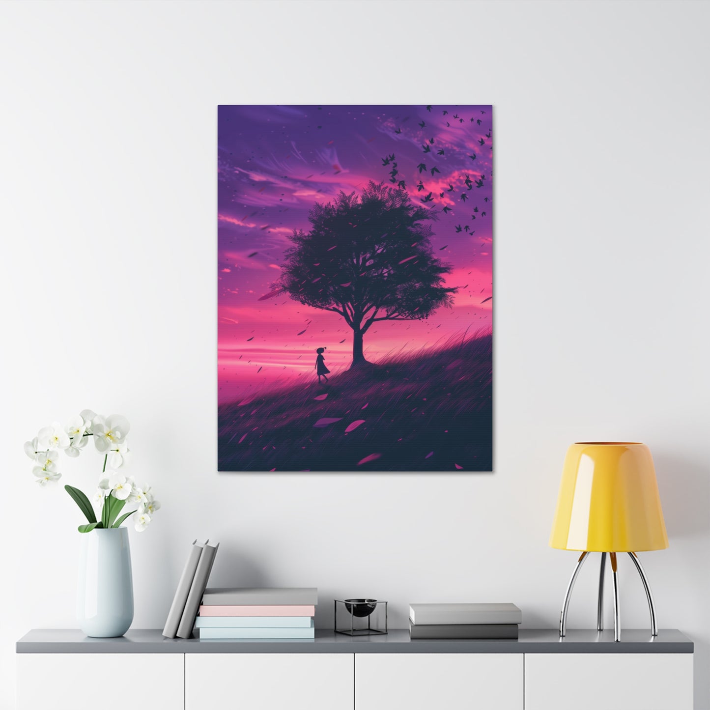 Tree in a Purple Sunset Digital Illustration Canvas Gallery Wraps