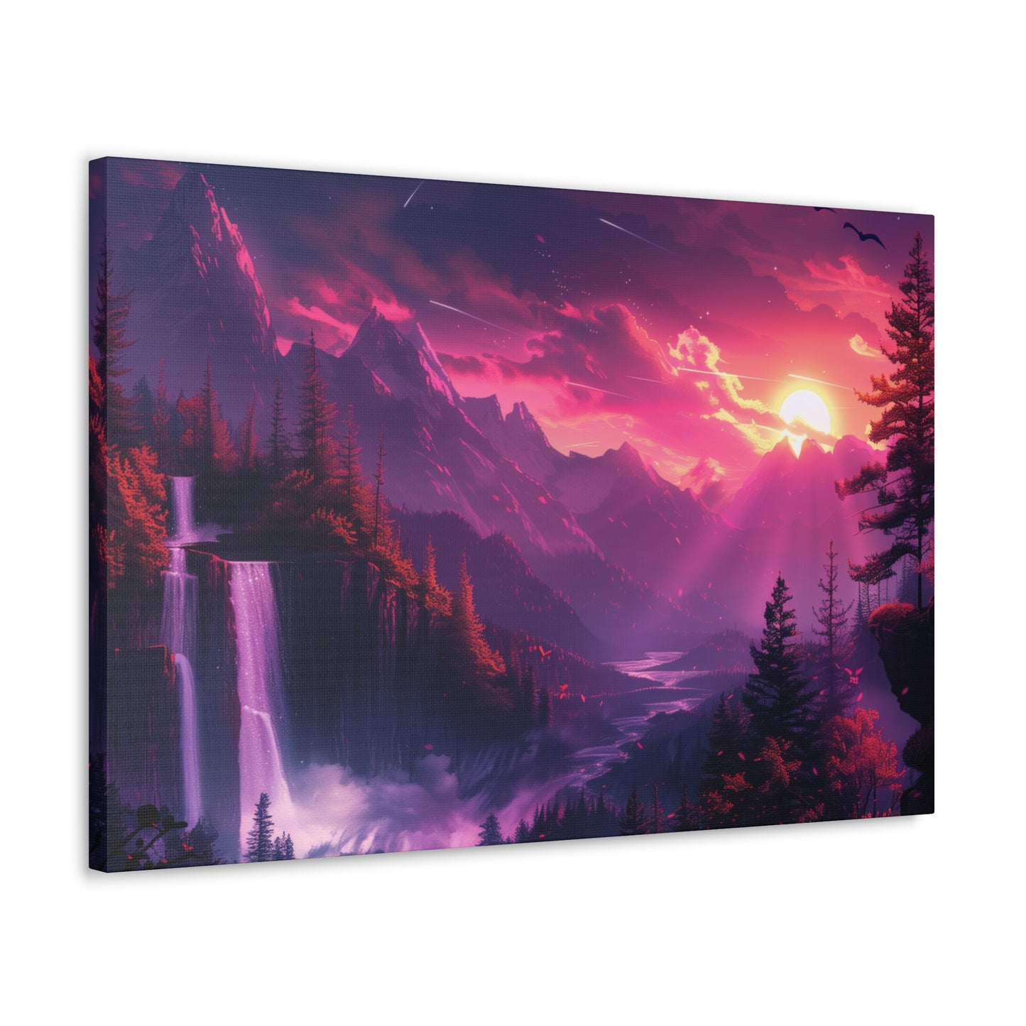 Dreamy Landscape with Waterfall and Mountains - Purple Evening Digital Illustration Canvas Gallery Wraps