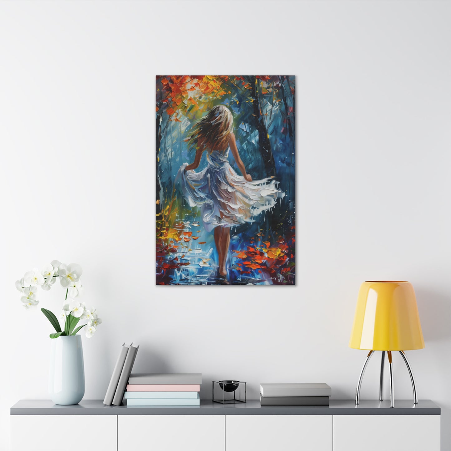 girl walking in the street wearing white dress - Leonid Afremov Style Digital Print Canvas Gallery Wraps