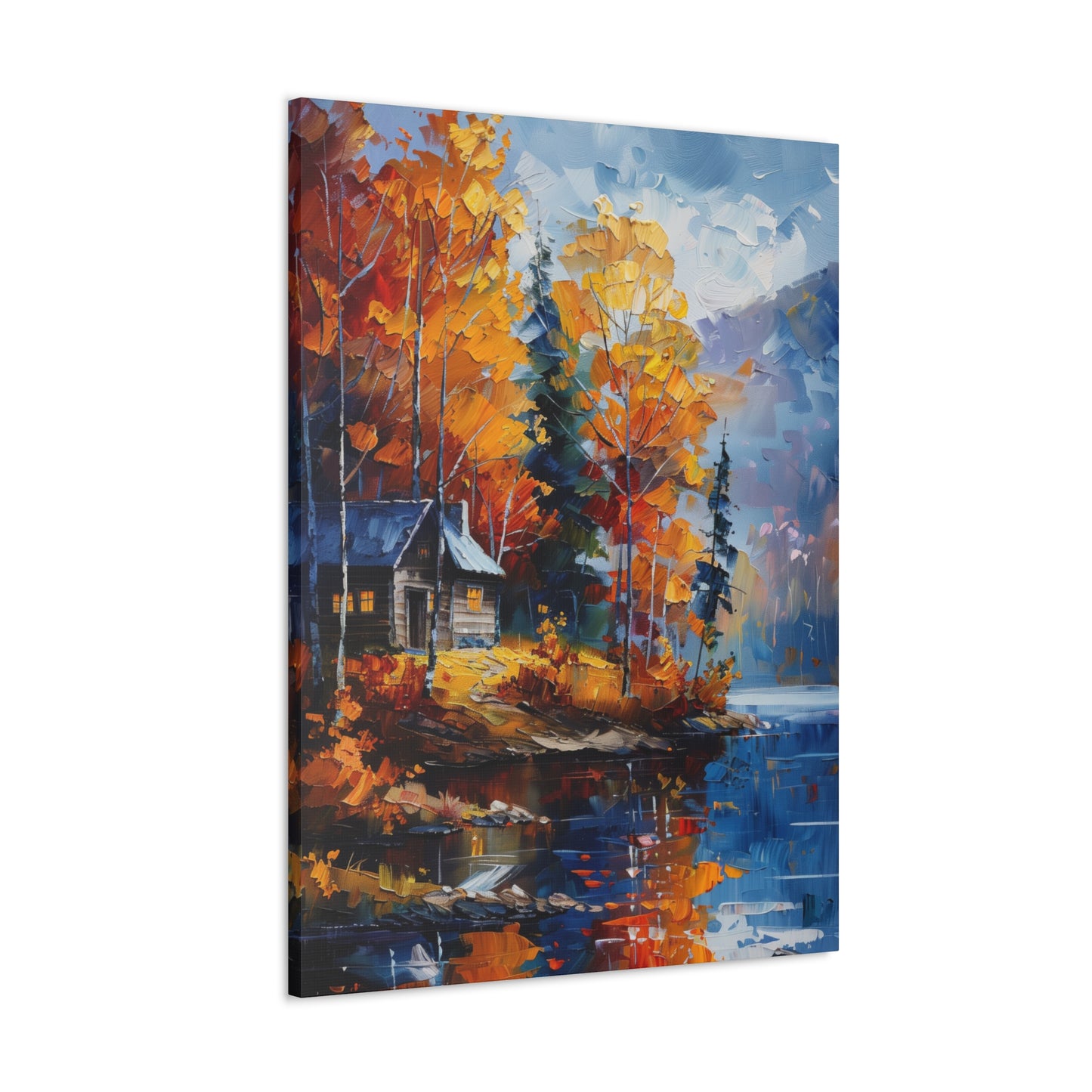 a house near the river which flows through autumn forest - Leonid Afremov Style Digital Print Canvas Gallery Wraps