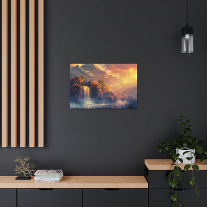 Dreamy Landscape Sunset with Waterfall and Mountains - Digital Illustration Canvas Gallery Wraps