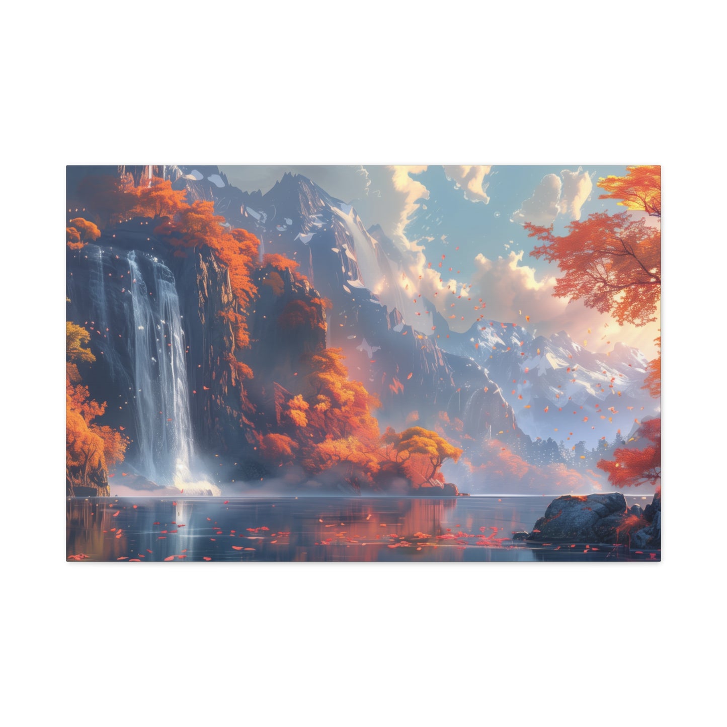 Dreamy Landscape Sunset with Waterfall and Mountains - Digital Illustration Canvas Gallery Wraps