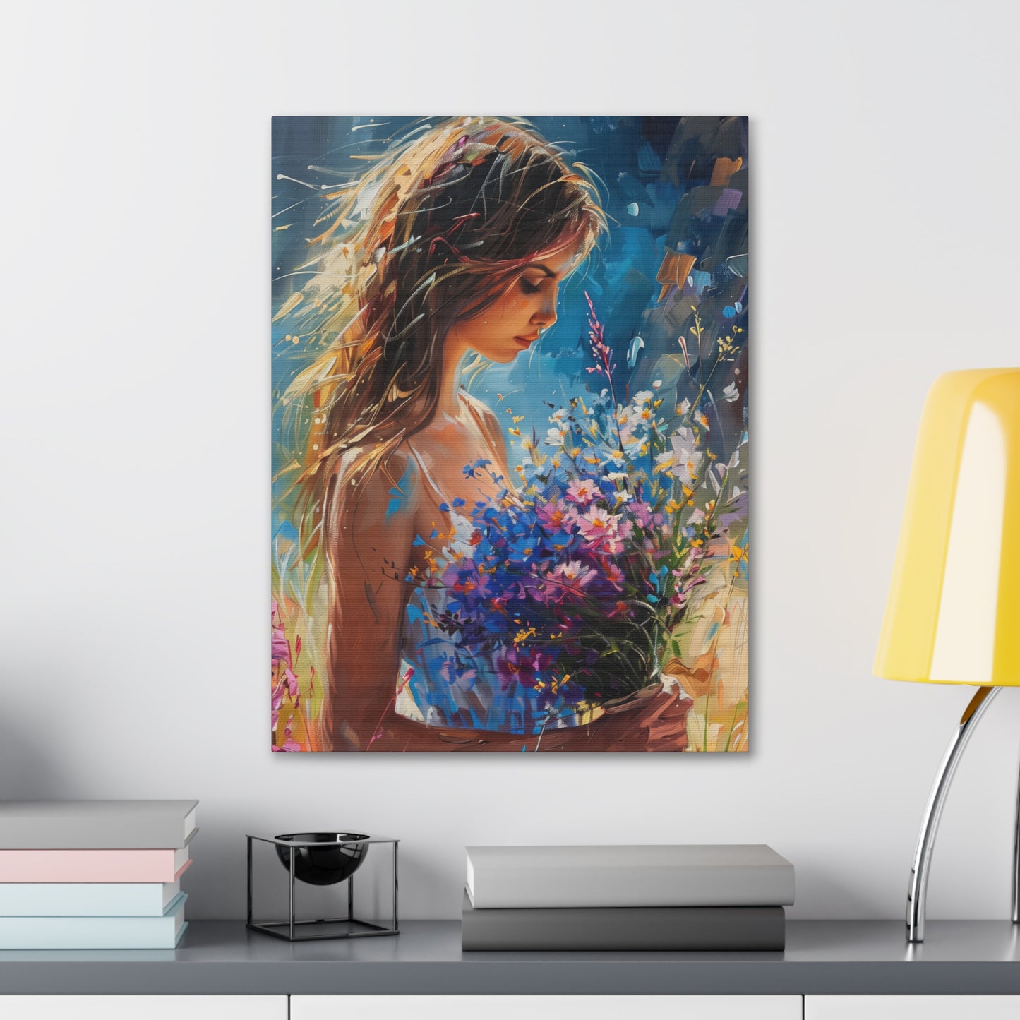 girl holding a flower bouquet - Leonid Afremov Style Digital Print Canvas Gallery Wraps