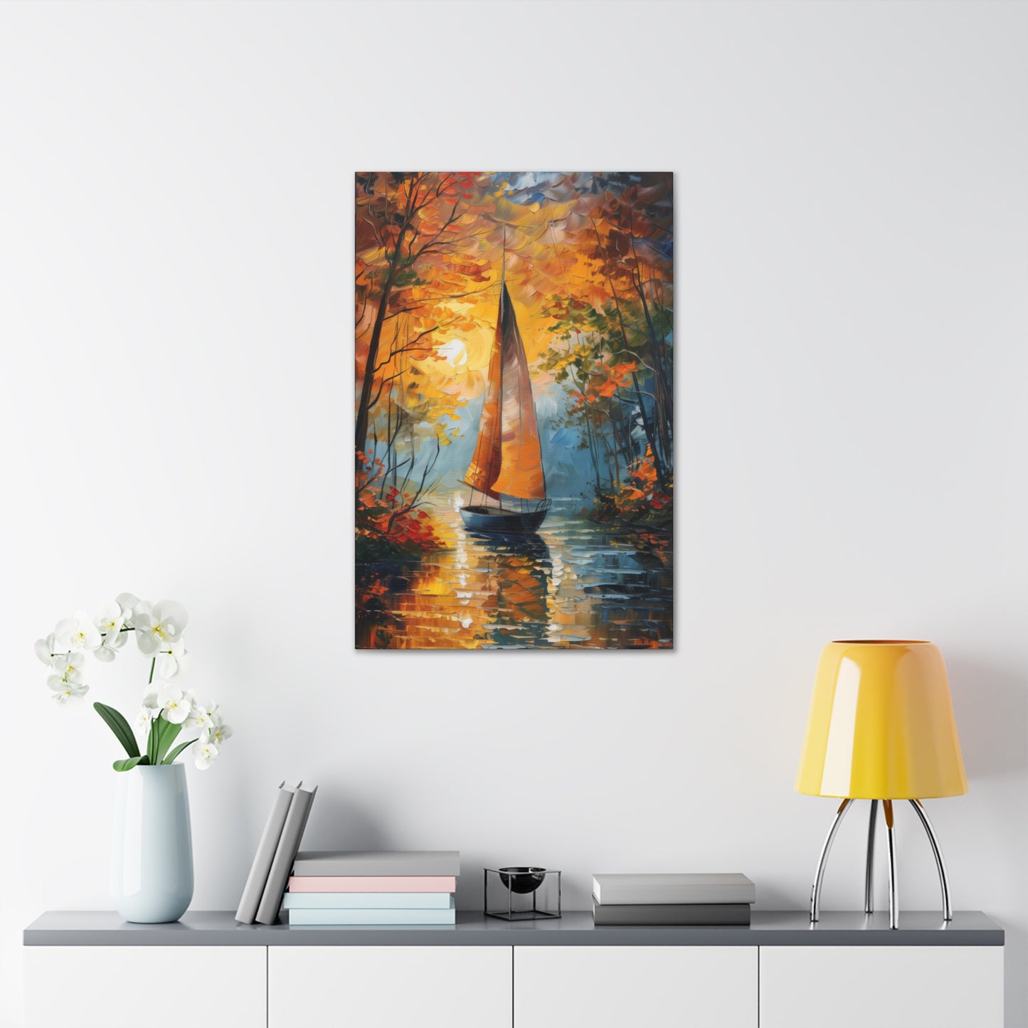 A Boat Sailing Through the Wild River - Leonid Afremov Style Digital Oil Painting Canvas Gallery Wraps