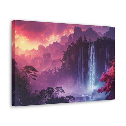 Dreamy Landscape Sunset with Waterfall and Mountains - Digital Illustration Canvas Gallery Wraps