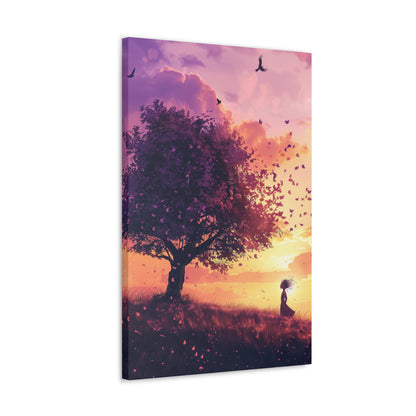 Tree in a Purple Sunset Digital Illustration Canvas Gallery Wraps