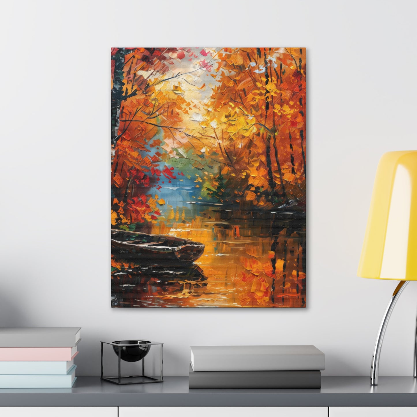 Boat in river side which flows through autumn forest - Leonid Afremov Style Digital Print Canvas Gallery Wraps